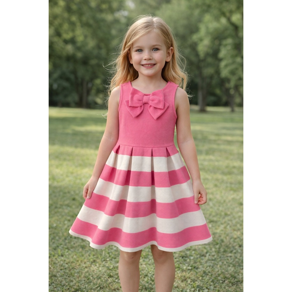 Janie and Jack Striped Dress Kids Size 6 Pink Good Bow Textured Knit Sleeveless